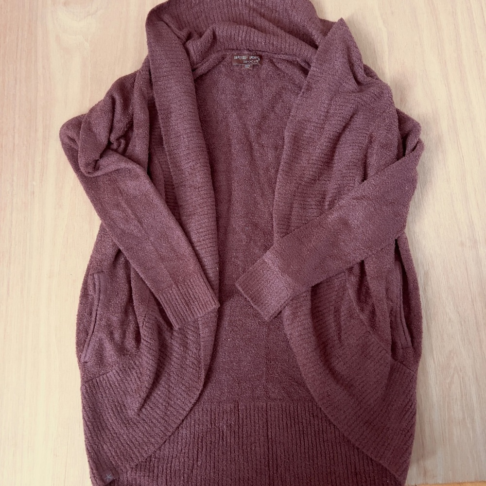 Barefoot Dreams cozychic lite open front knit cardigan size XS/S pockets wine
